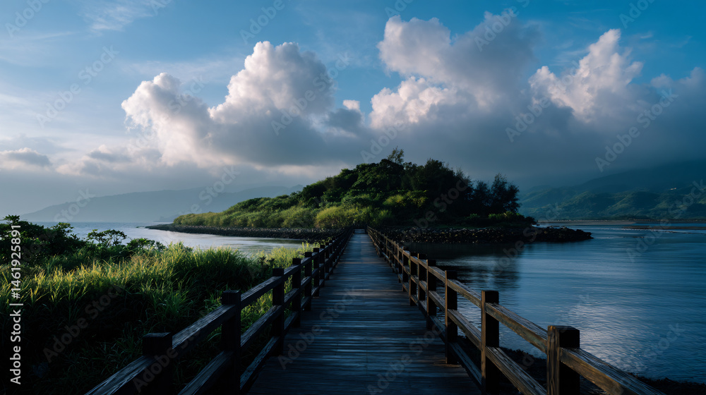 Naklejka premium Serene coastal scene with a wooden walkway go to a lush dark-green island against a majestic cloudy sky.