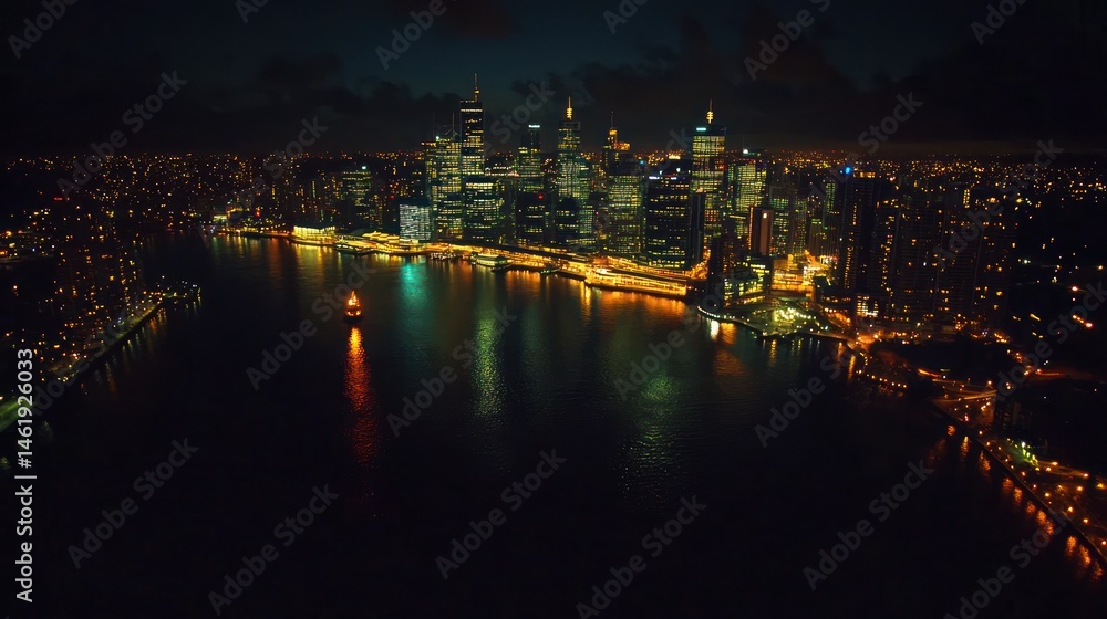 Fototapeta premium A nighttime cityscape featuring illuminated skyscrapers by the water.