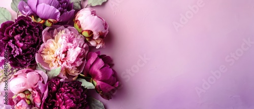 Fototapeta Naklejka Na Ścianę i Meble -  Elegant floral arrangement of purple peonies on a pastel pink background with copy space Concept of spring, romance, and celebration