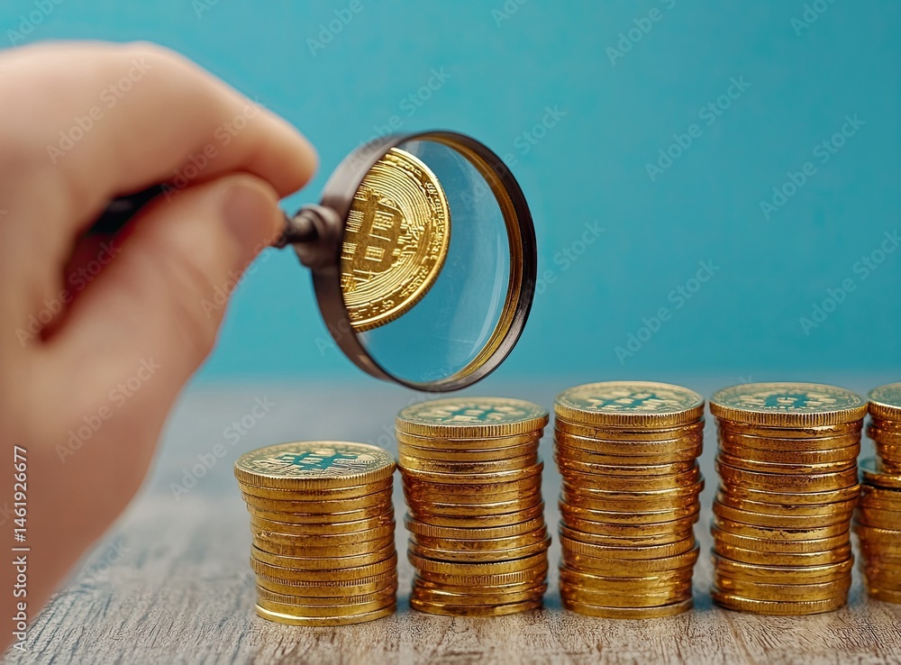 A hand using a magnifying glass to examine a gold Bitcoin among stacked coins.