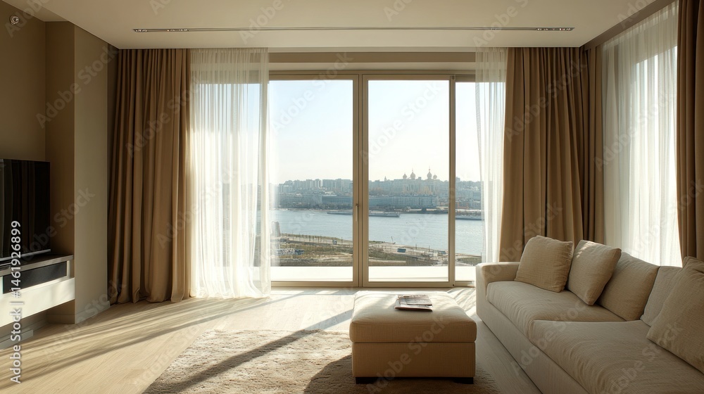 Fototapeta premium Modern living room with large window overlooking a waterfront view.