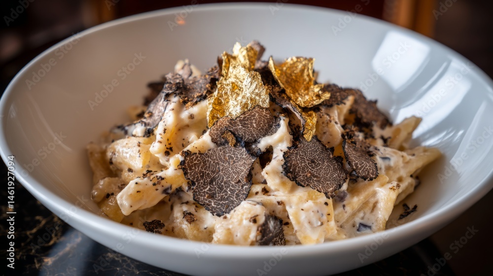 Exquisite pasta dish topped with decadent black truffle shavings and golden flakes, perfect for gourmet dining experiences Exquisite pasta dish topped with decadent black truffle shavings and golden flakes, perfect for gourmet dining experiences