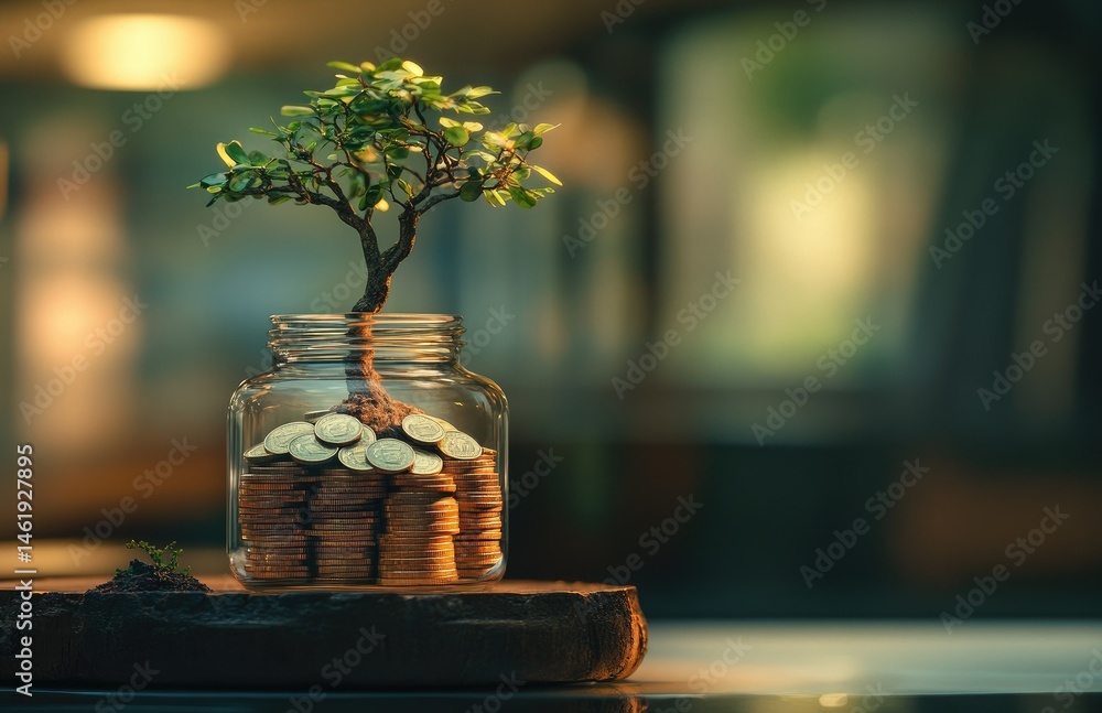 A jar filled with coins and a small tree growing from the center symbolizes financial growth and investment.