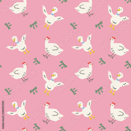 Whimsical cottage decor with chickens and bows pattern for design.