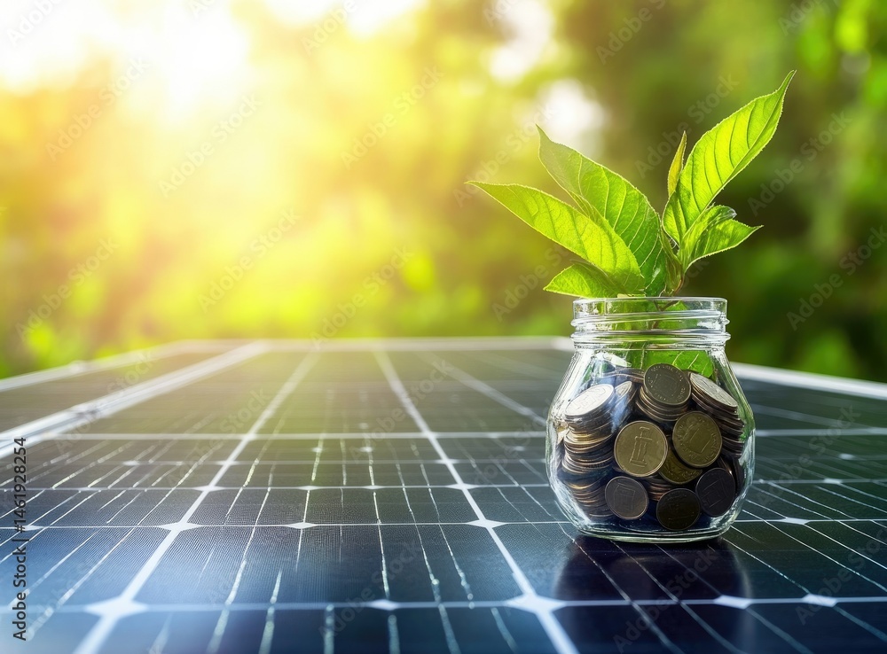 A jar of coins with a green plant on solar panels, symbolizing sustainable investment.