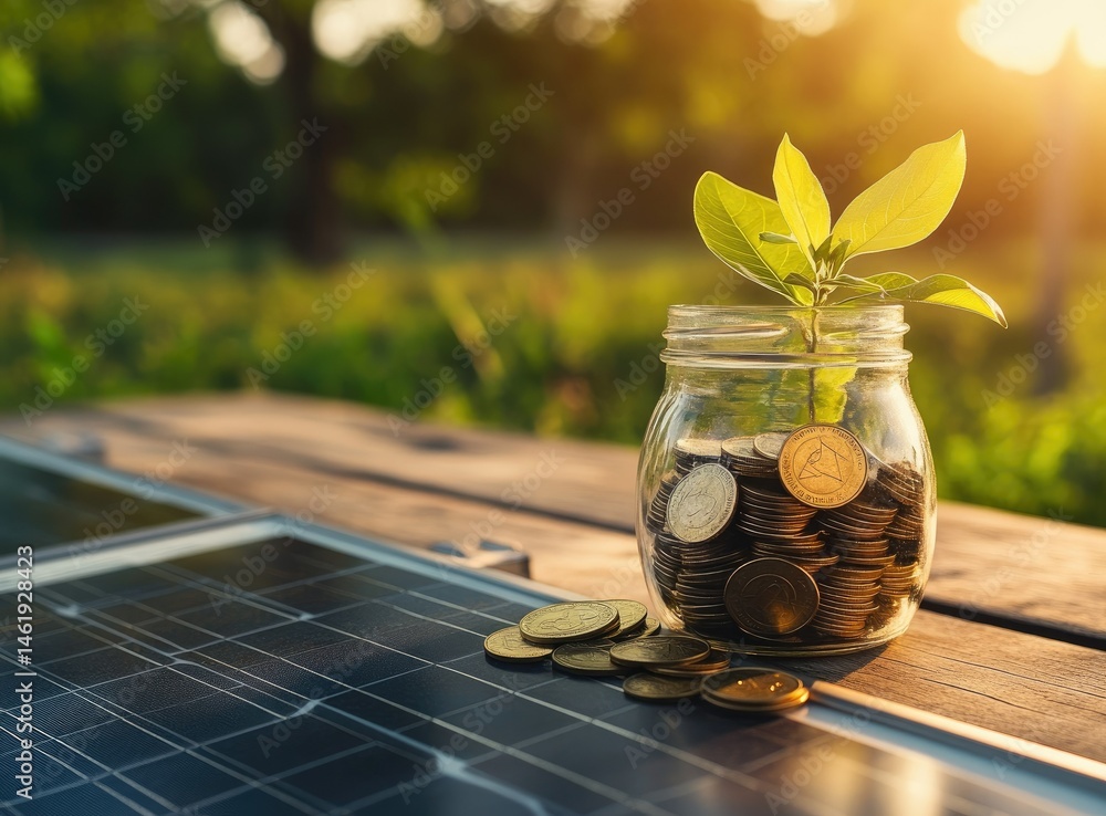 A jar of coins with a plant sprouting, placed beside a solar panel in a natural setting.