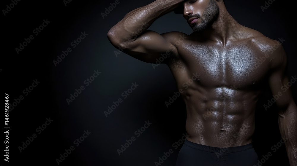 Naklejka premium Muscular man, toned physique, dark background