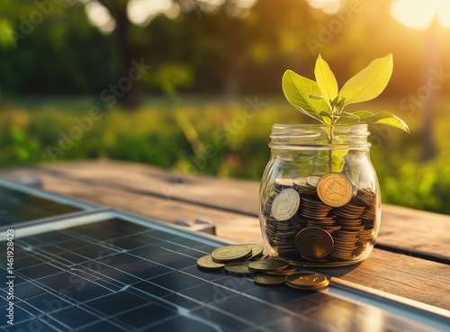 Obraz na płótnie A jar of coins with a plant sprouting, placed beside a solar panel in a natural setting. w salonie
