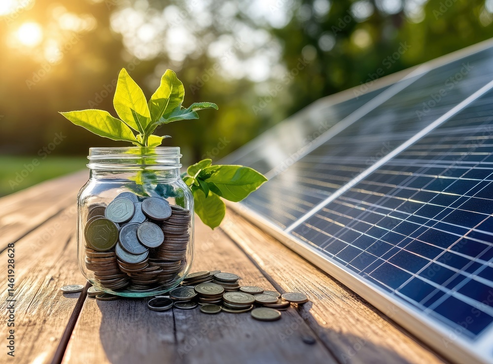 A jar of coins with a plant, symbolizing growth and investment in renewable energy.