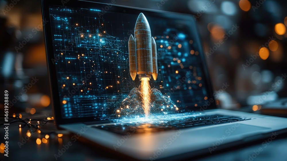 A laptop displays a 3D rocket launching, symbolizing innovation and technology.