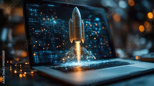 Obraz na płótnie A laptop displays a 3D rocket launching, symbolizing innovation and technology. w salonie