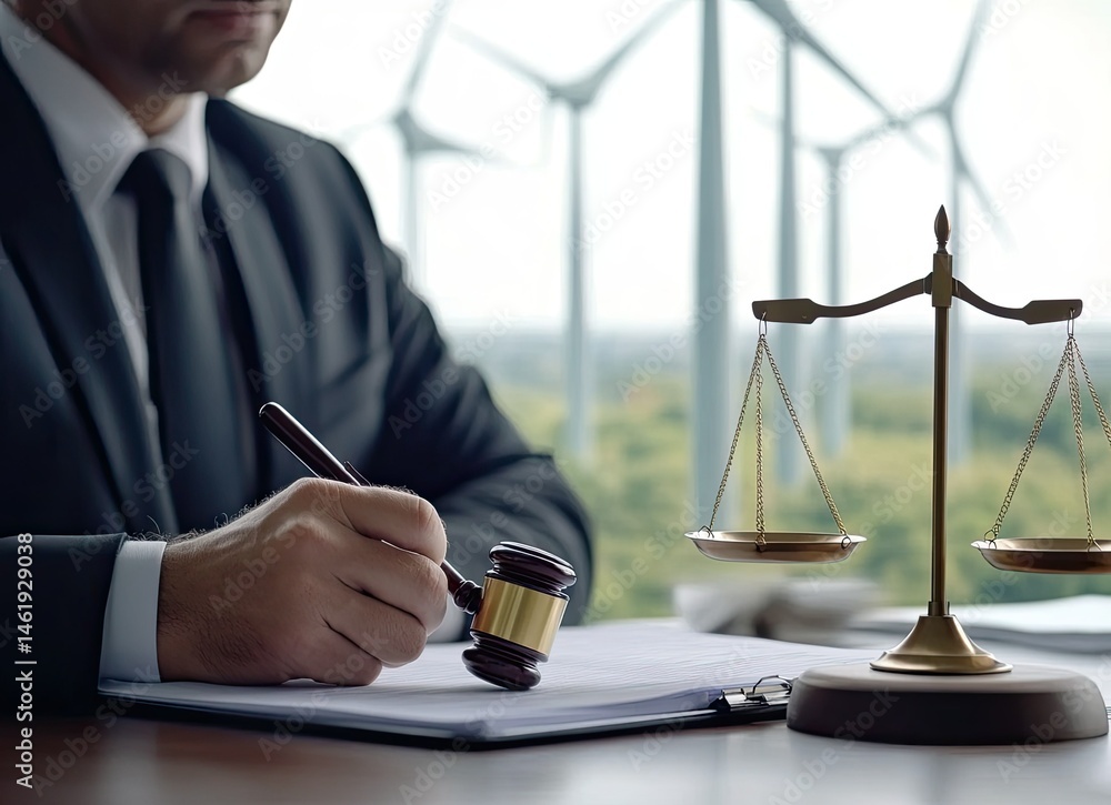A lawyer holds a gavel next to a scale of justice, with wind turbines visible in the background.