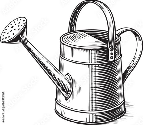 Watering can for Farming and Gardening, Black and White Vector Illustration, Sketch Drawing Line Linear Symbol Icon Engraving, Hand-drawn Isolated