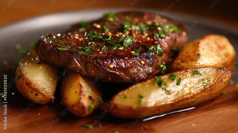Perfectly cooked steak with roasted potatoes Perfectly cooked steak with roasted potatoes