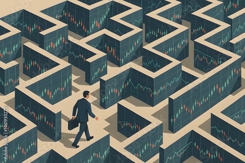 A businessman navigates the labyrinth of financial markets represented by stock charts and graphs