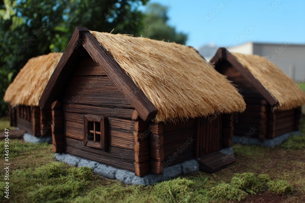 Rustic Wooden Huts with Thatched Roofs on Green Mossy Ground in Nature Rustic Wooden Huts with Thatched Roofs on Green Mossy Ground in Nature