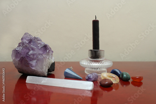 Crystals and black candle