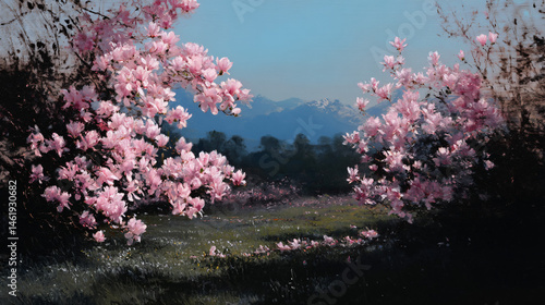 Serene view of a saltation landscape painting with magnolia trees blossoming.