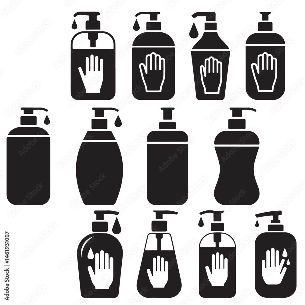 Fototapeta premium Liquid soap Hand sanitizer icon, Silhouettes of Pump Bottles Dispenser, Soap Dispenser Icons Black and White, Outline Illustrations of Pump Bottles for Soap or Lotion,