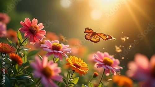 Beautiful flowers with butterflies and bees