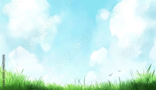 A vibrant, painted landscape of a vast, bright blue sky, dotted with fluffy white clouds, and a field of lush green grass