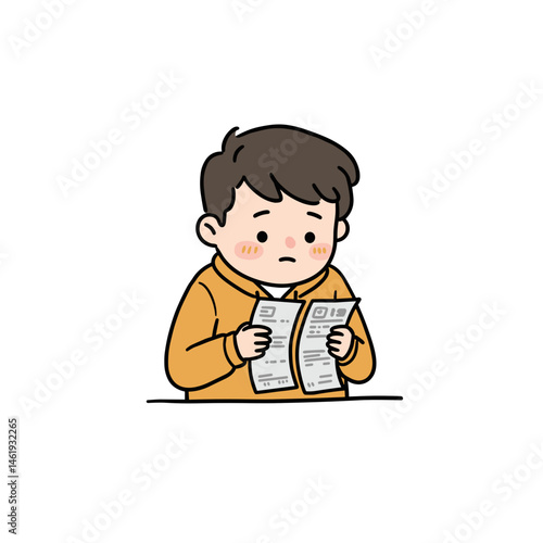 Man looking worried while holding unpaid bills, with a concerned expression, on a white background