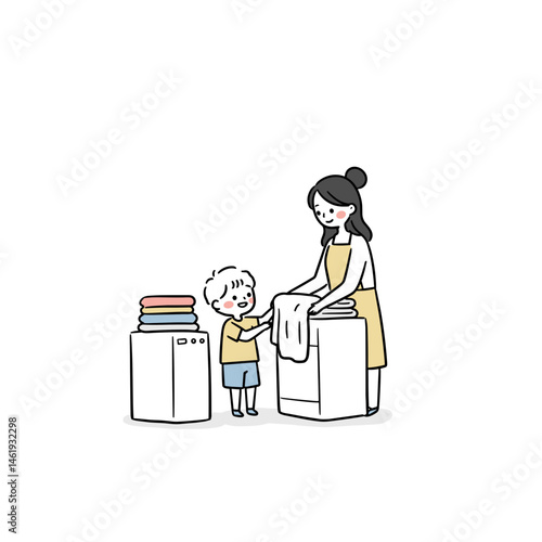 Child and parent folding laundry together, sharing a joyful moment, on a white background