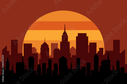 sunset behind silhouette of distant city skyline