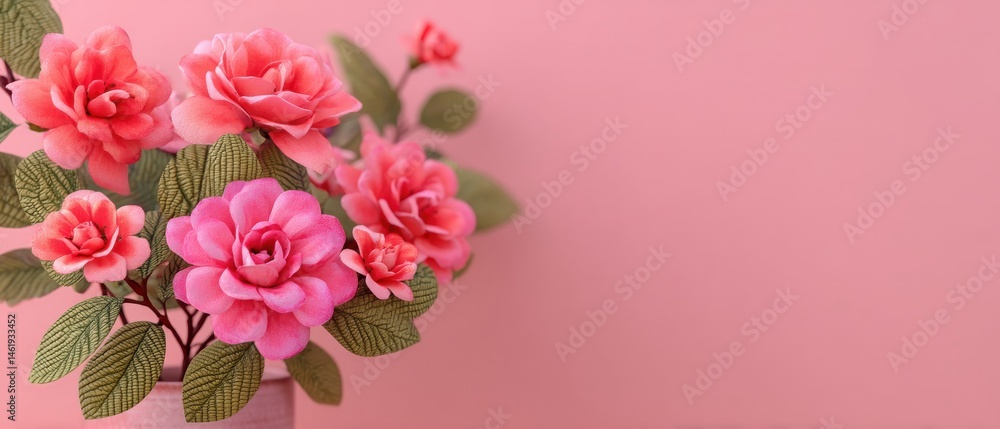 Elegant pink camellia flower arrangement with green leaves against a soft pink background, conveying a sense of romance, beauty, and floral design