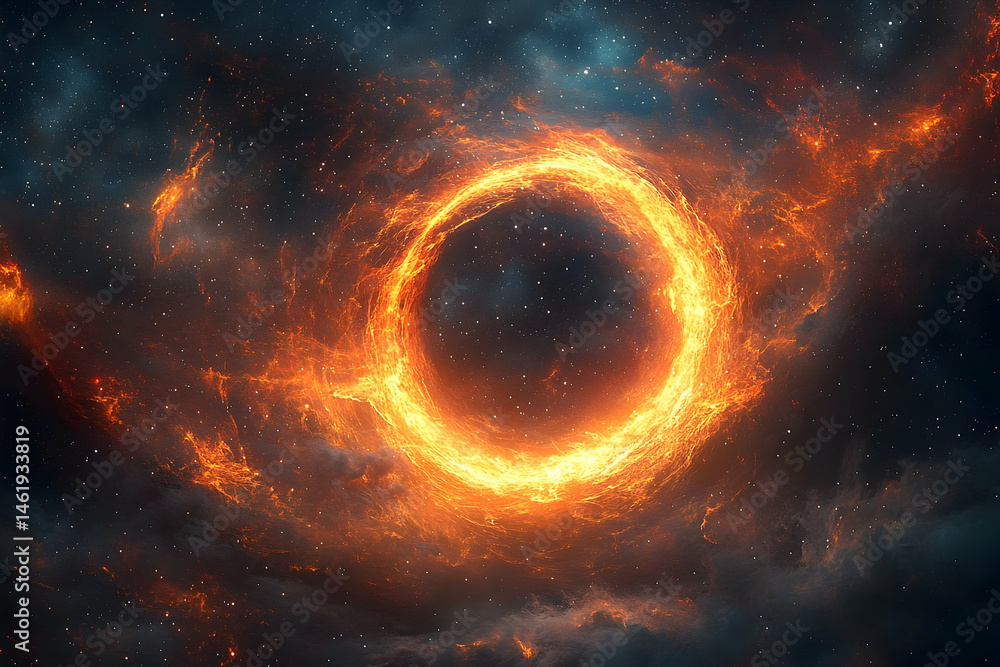 Fototapeta premium Fiery ring of cosmic energy in a dark nebula.