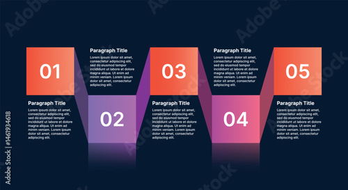 Five-step 3D block infographic with gradient colors and paragraph descriptions for process or timeline presentation.