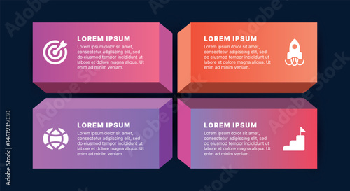 Four colorful 3D infographic blocks with icons and gradient design for presenting business goals, strategy, and progress.