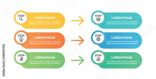 Step-by-step infographic showing a process transition using colorful gradient elements and icons.