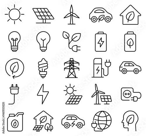 Outline icon set of renewable energy, electric vehicles, and eco-friendly technology.