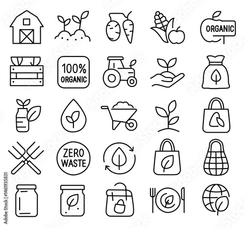 Minimal line icon set of organic farming, sustainability, and zero waste lifestyle.
