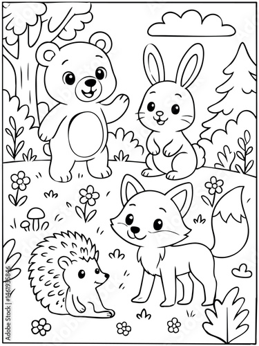 Cute forest animals coloring page with bear, rabbit, fox, and hedgehog in nature scene for kids.
