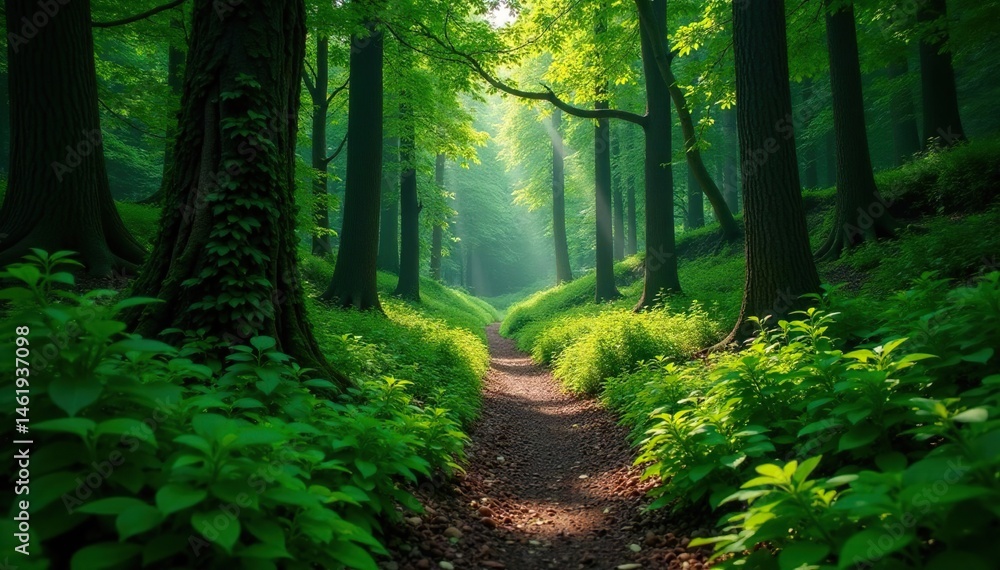 Obraz premium Narrow, overgrown forest trail, leading into deep woods, nature, jungle, secluded