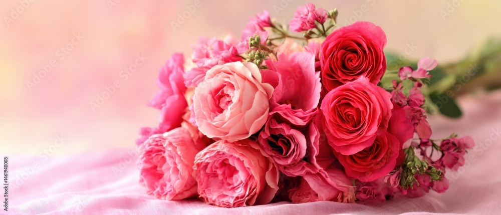 Romantic bouquet of pink roses and carnations on a soft pink fabric background, symbolizing love, celebration, and Valentines Day Romantic bouquet of pink roses and carnations on a soft pink fabric background, symbolizing love, celebration, and Valentines Day