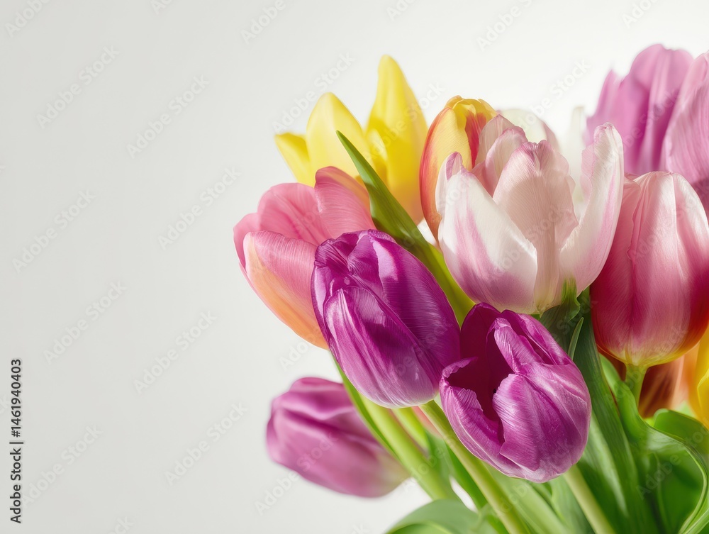 Obraz premium Colorful tulips blooming on white background for spring celebration