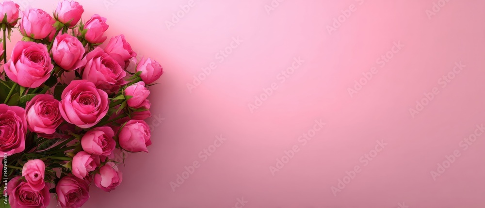 Romantic bouquet of pink roses on a pink background with copy space Concept of love, valentines day, mothers day, wedding, anniversary, and celebration Romantic bouquet of pink roses on a pink background with copy space Concept of love, valentines day, mothers day, wedding, anniversary, and celebration