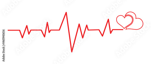 Heart beat graph in red color with love symbol. Heart pulse, heartbeat line, cardiogram. Red heartbeat line icon on white background. World heart day. Cardiogram line. Heartbeat design vector. 