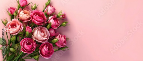 Romantic bouquet of pink roses with green leaves on a pink background, symbolizing love, celebration, and Valentines Day