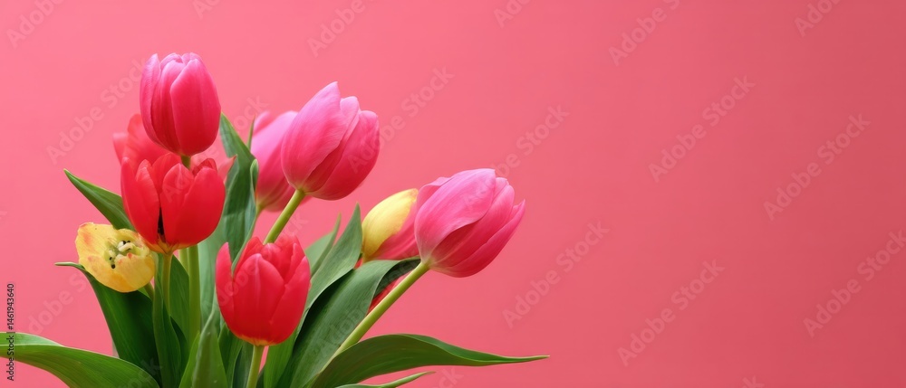 Fototapeta premium Vibrant bouquet of red and pink tulips with yellow accent against a solid pink background, symbolizing spring, love, and celebration