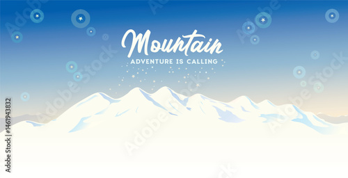 Mountain winter landscape with white peaks of mountains and the stars in the clear sky - illustration of a panoramic type.