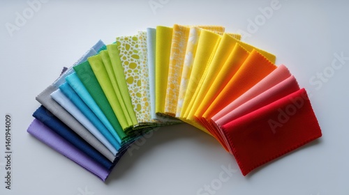 Colorful Fabric Swatches Arranged in a Rainbow Pattern for Sewing and Craft Projects