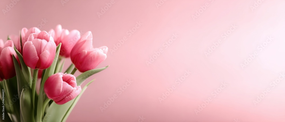 Fototapeta premium Delicate pink tulips bouquet on soft pink background with copy space Romantic floral arrangement for Valentines Day, Mothers Day, or springtime celebration