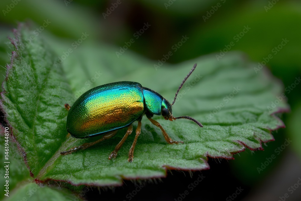Close-up of an Iridescent Leaf Beetle Resting on a Vibrant Green Leaf Close-up of an Iridescent Leaf Beetle Resting on a Vibrant Green Leaf