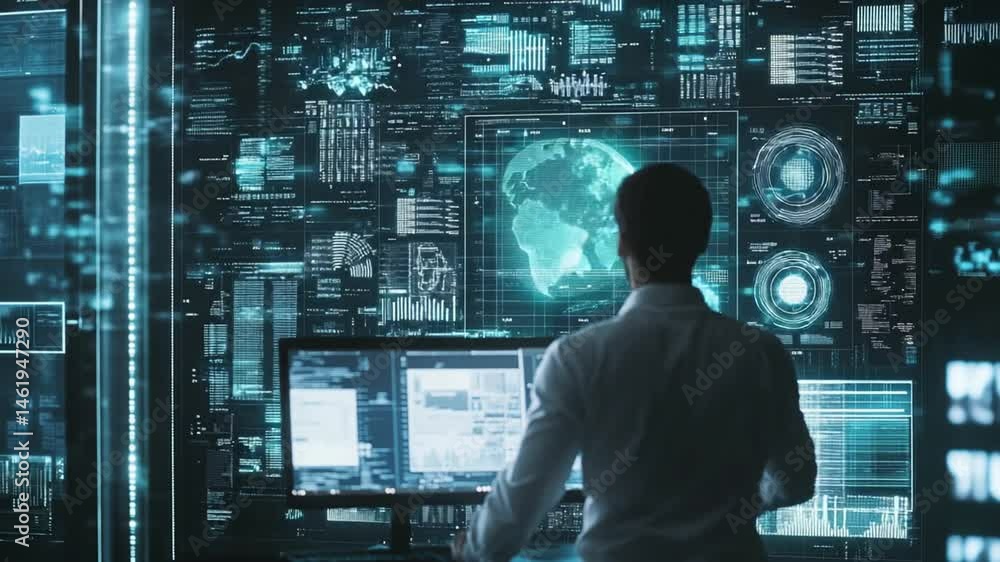 Data analysis specialist working with digital displays and complex information