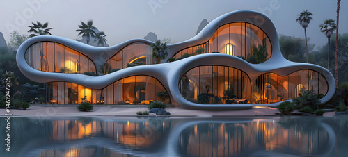 Sustainable modern architecture in the desert combines timber construction, solar energy, biophilic design and smart eco technology to create climate-adaptive housing for living in the future.