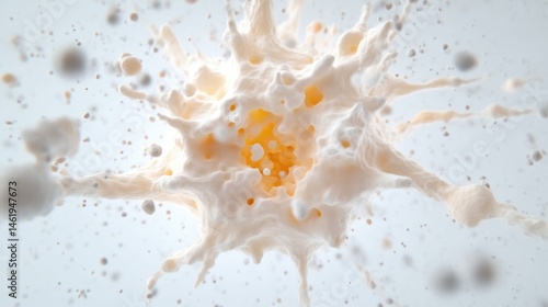A splash of milk exploding in mid-air, captured in slow motion against a light grey background, and dynamic and artistic composition.